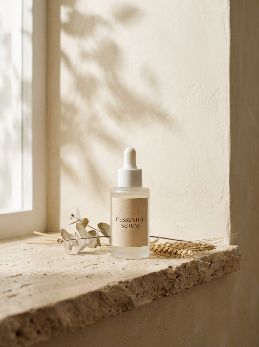 A woman with luminous skin holding a LUMIÈRE serum